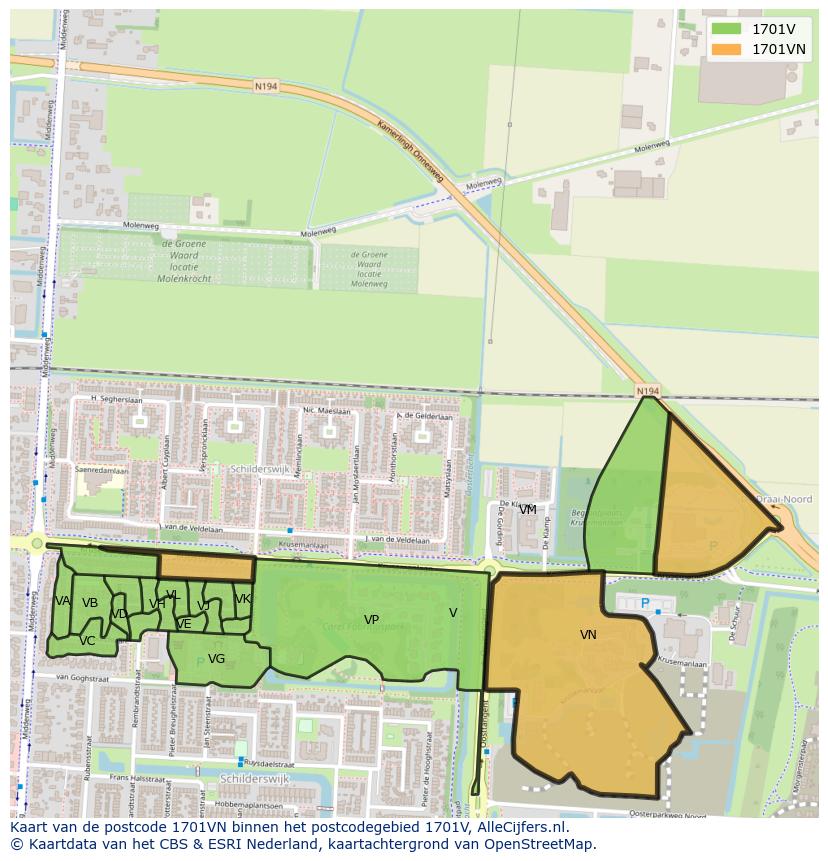 Afbeelding van het postcodegebied 1701 VN op de kaart.