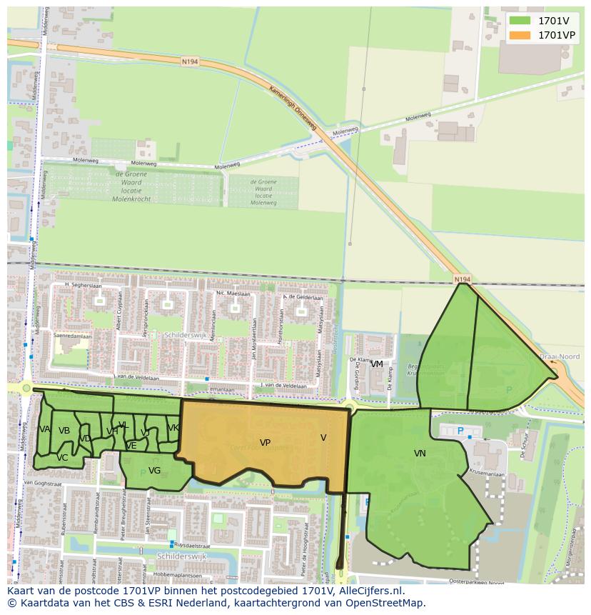 Afbeelding van het postcodegebied 1701 VP op de kaart.