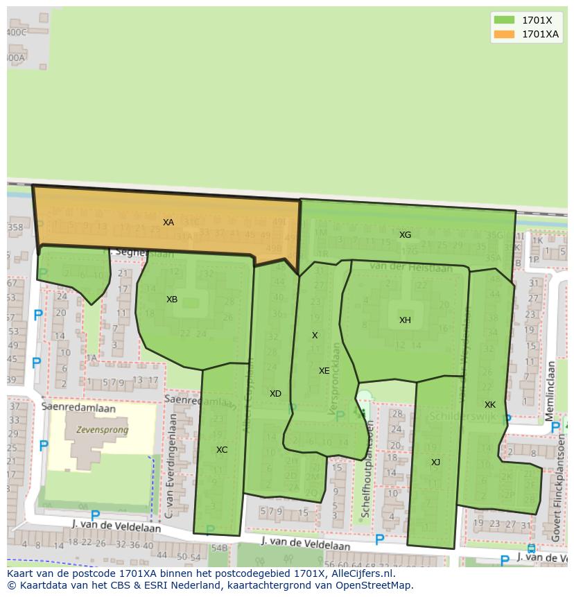 Afbeelding van het postcodegebied 1701 XA op de kaart.