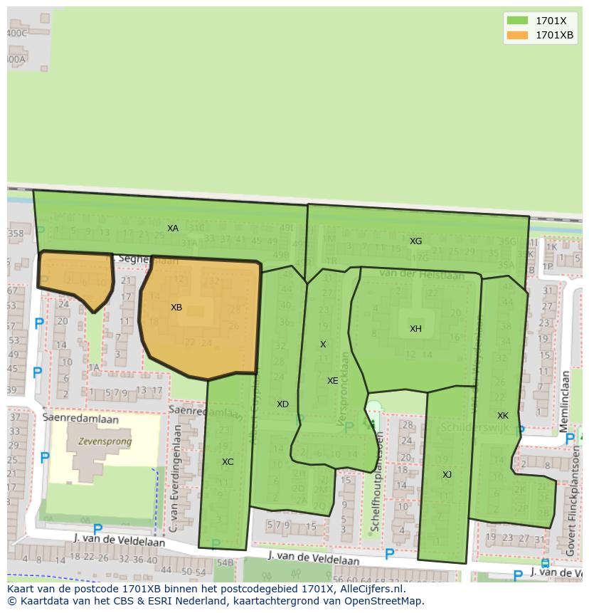 Afbeelding van het postcodegebied 1701 XB op de kaart.