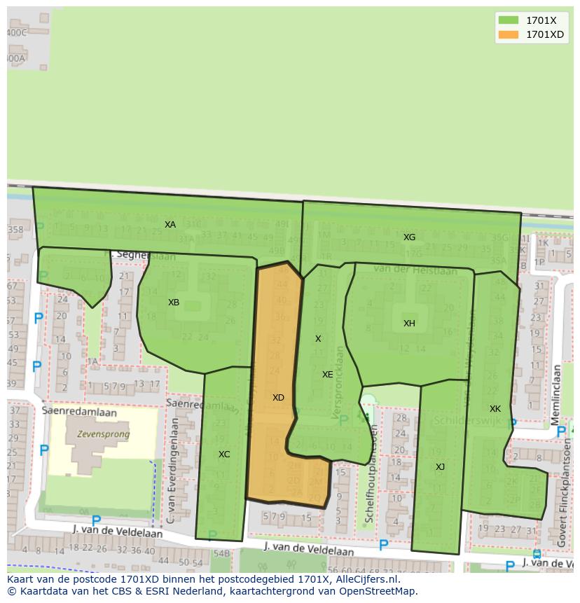 Afbeelding van het postcodegebied 1701 XD op de kaart.