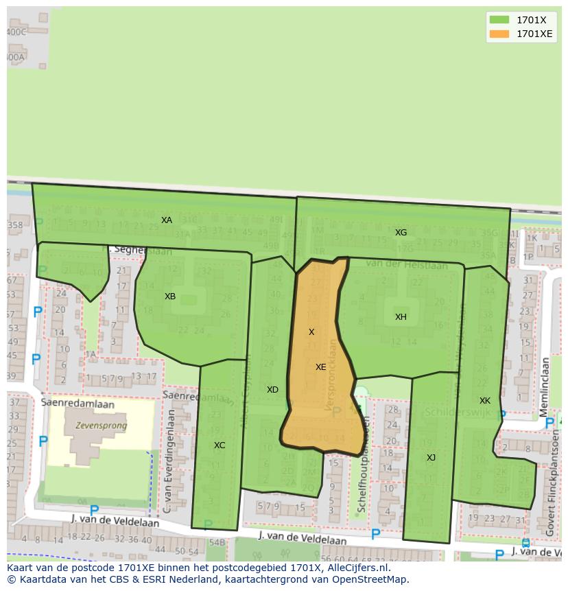 Afbeelding van het postcodegebied 1701 XE op de kaart.