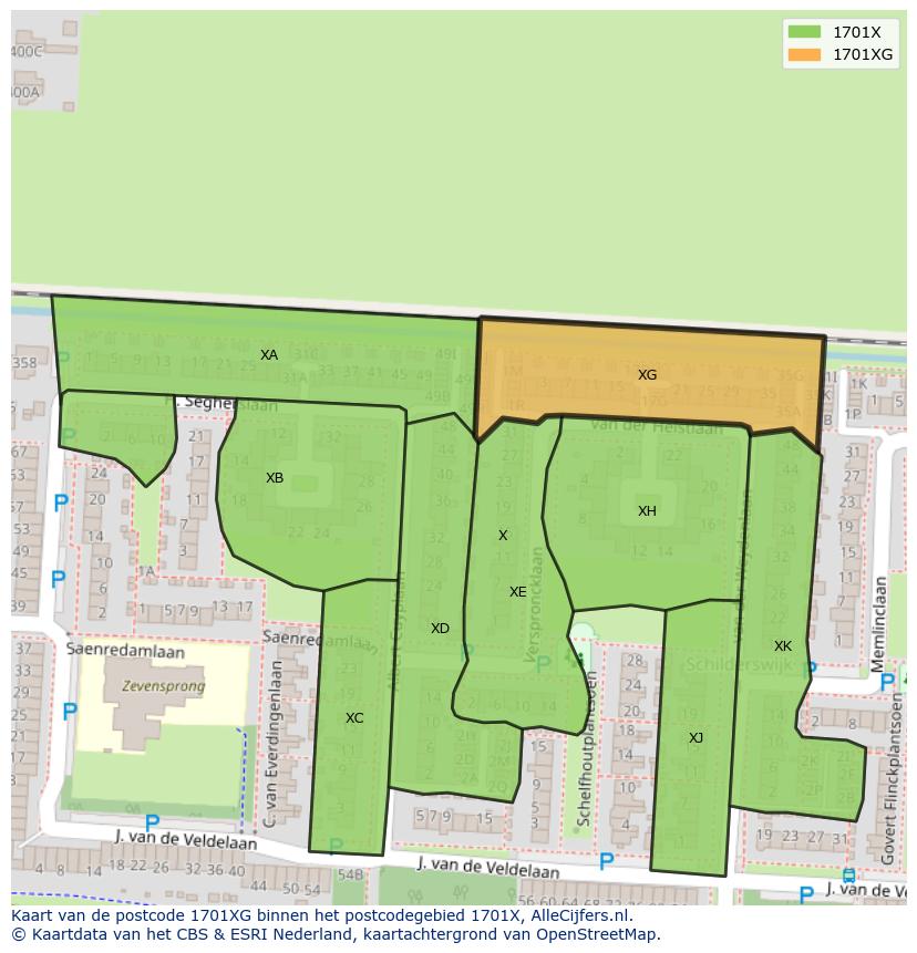 Afbeelding van het postcodegebied 1701 XG op de kaart.