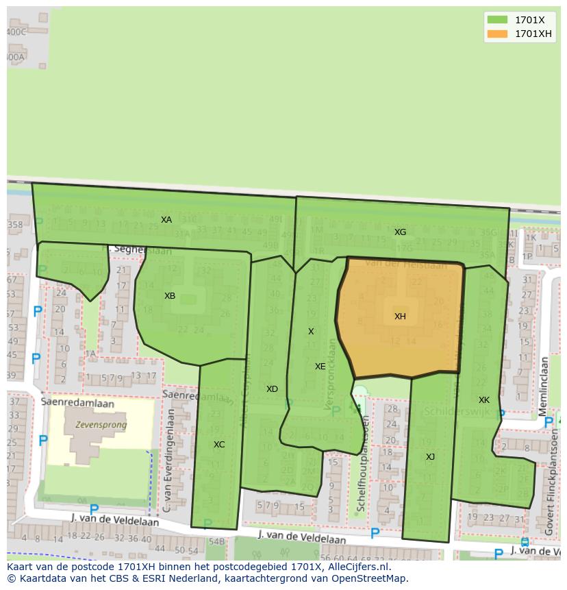 Afbeelding van het postcodegebied 1701 XH op de kaart.