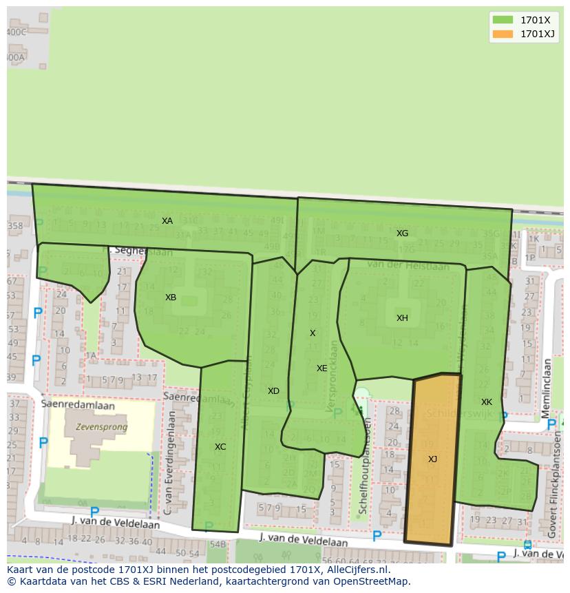 Afbeelding van het postcodegebied 1701 XJ op de kaart.