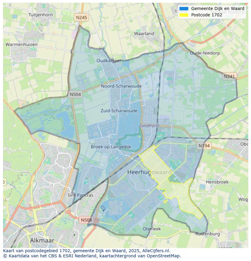 Afbeelding van het postcodegebied 1702 op de kaart.