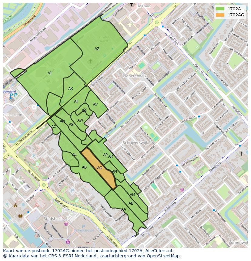 Afbeelding van het postcodegebied 1702 AG op de kaart.