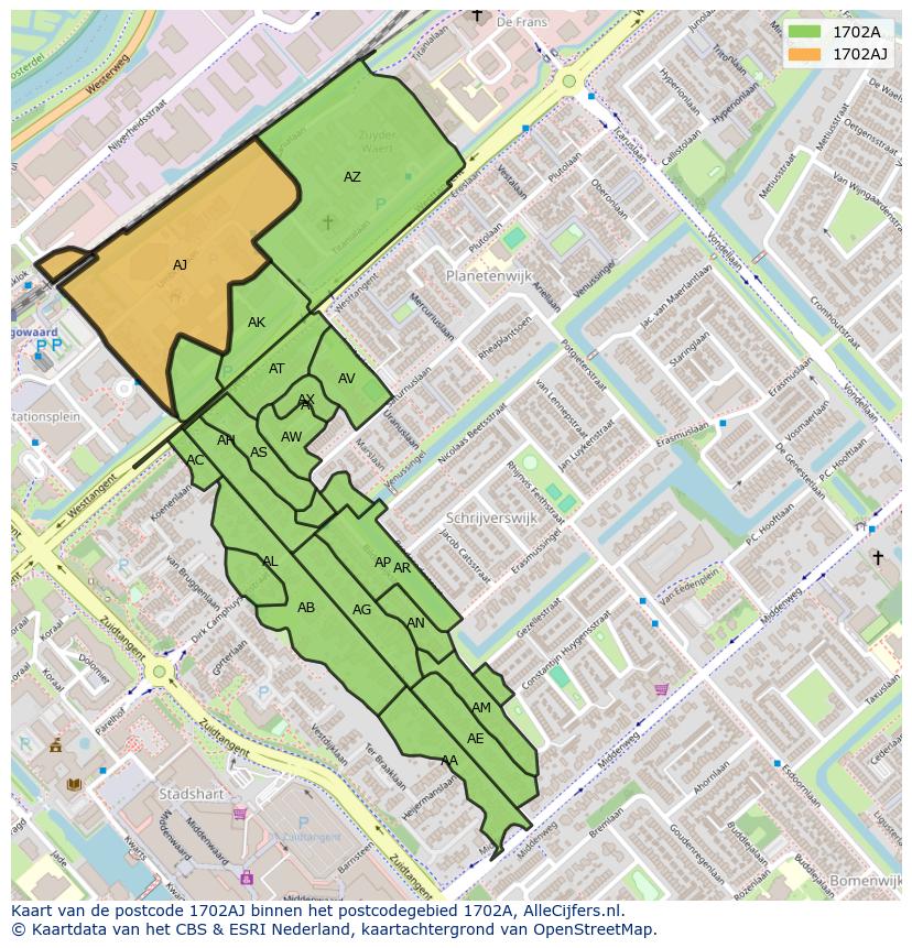 Afbeelding van het postcodegebied 1702 AJ op de kaart.
