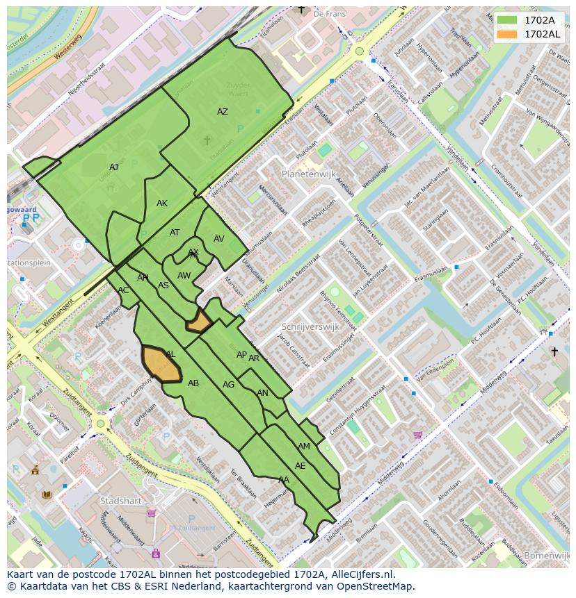 Afbeelding van het postcodegebied 1702 AL op de kaart.