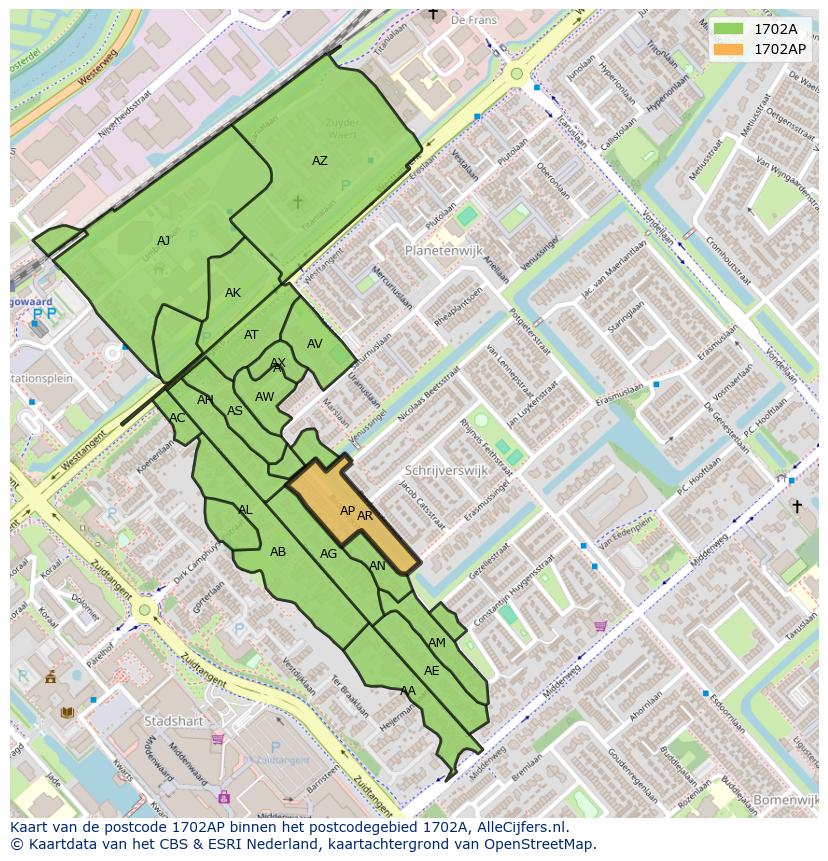 Afbeelding van het postcodegebied 1702 AP op de kaart.
