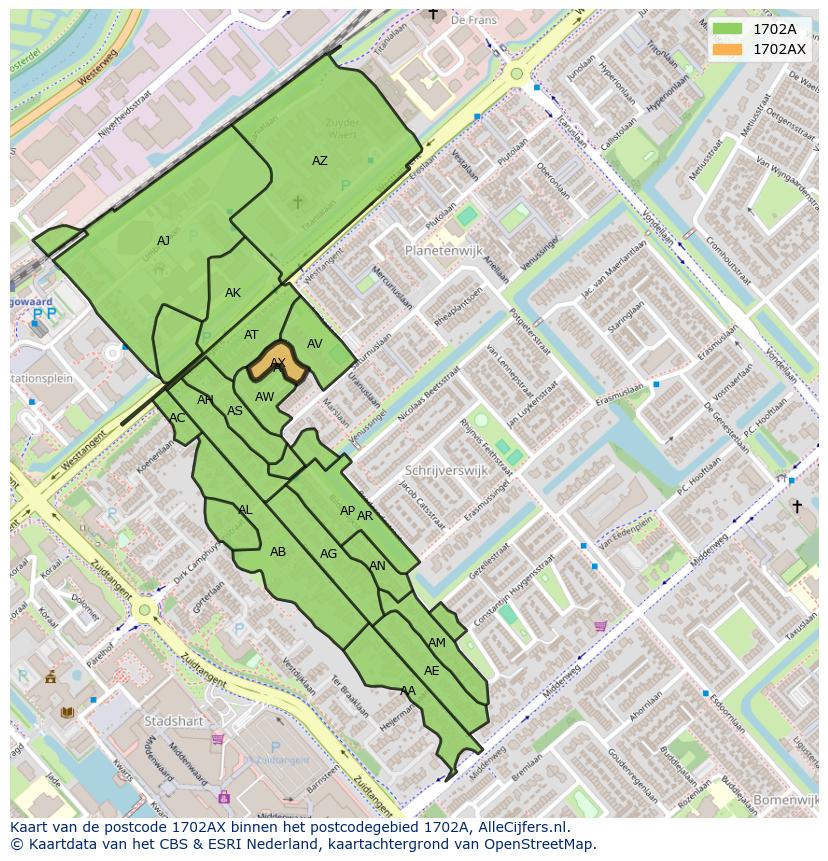 Afbeelding van het postcodegebied 1702 AX op de kaart.