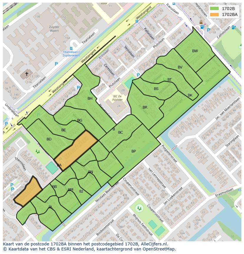 Afbeelding van het postcodegebied 1702 BA op de kaart.