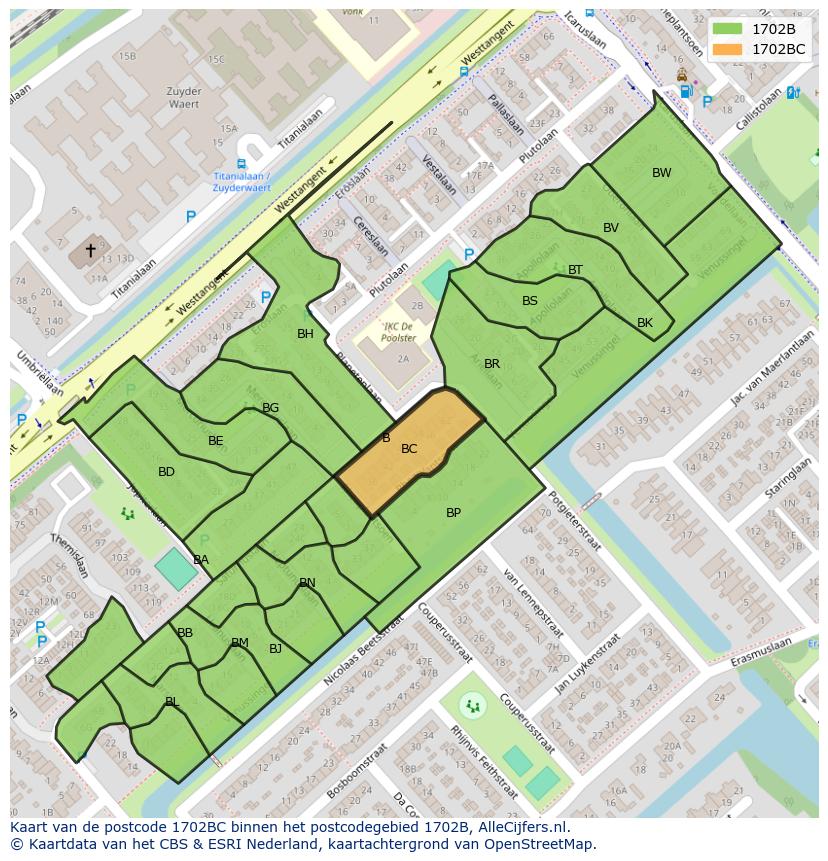 Afbeelding van het postcodegebied 1702 BC op de kaart.