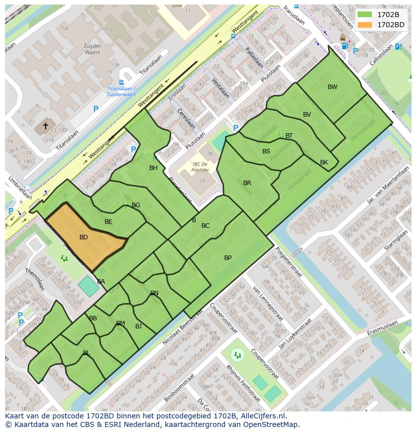 Afbeelding van het postcodegebied 1702 BD op de kaart.