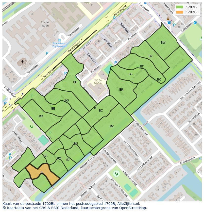 Afbeelding van het postcodegebied 1702 BL op de kaart.