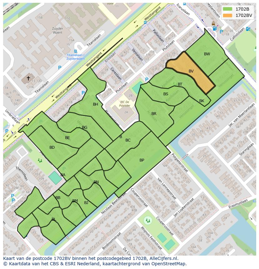 Afbeelding van het postcodegebied 1702 BV op de kaart.