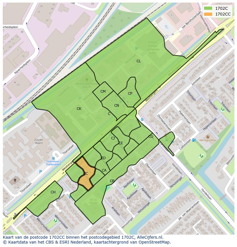 Afbeelding van het postcodegebied 1702 CC op de kaart.