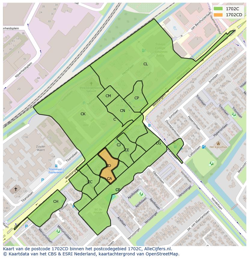 Afbeelding van het postcodegebied 1702 CD op de kaart.