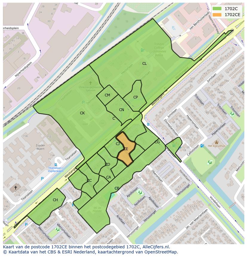 Afbeelding van het postcodegebied 1702 CE op de kaart.