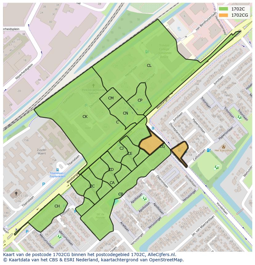 Afbeelding van het postcodegebied 1702 CG op de kaart.