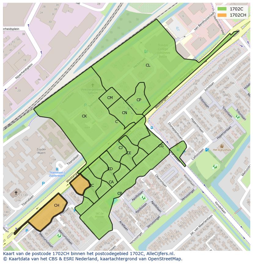 Afbeelding van het postcodegebied 1702 CH op de kaart.