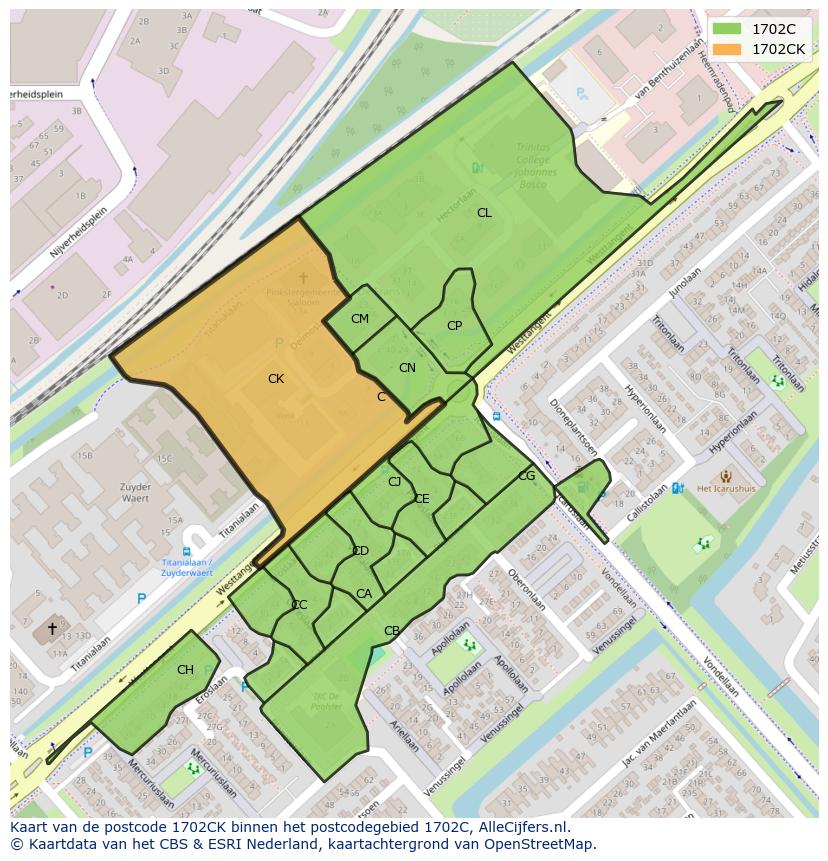 Afbeelding van het postcodegebied 1702 CK op de kaart.