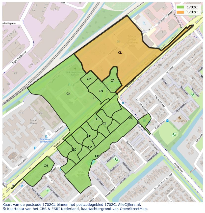 Afbeelding van het postcodegebied 1702 CL op de kaart.