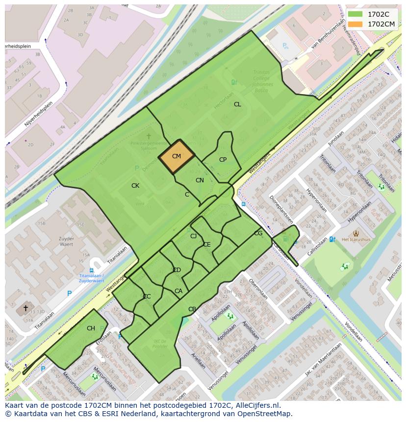 Afbeelding van het postcodegebied 1702 CM op de kaart.