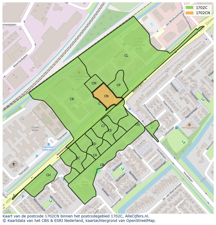 Afbeelding van het postcodegebied 1702 CN op de kaart.
