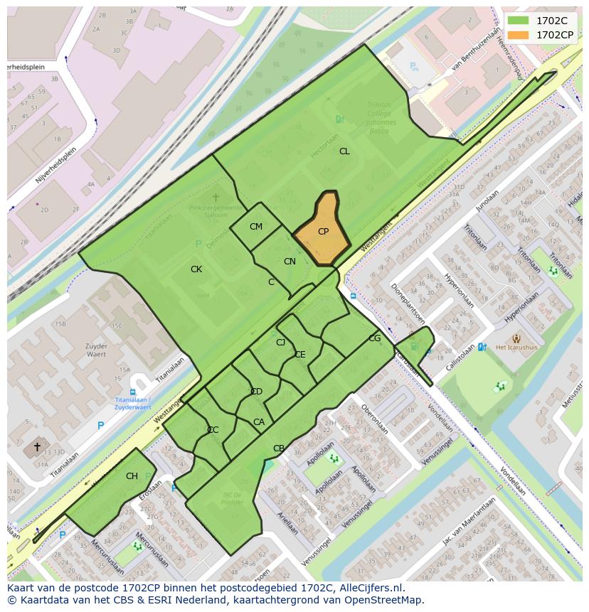 Afbeelding van het postcodegebied 1702 CP op de kaart.