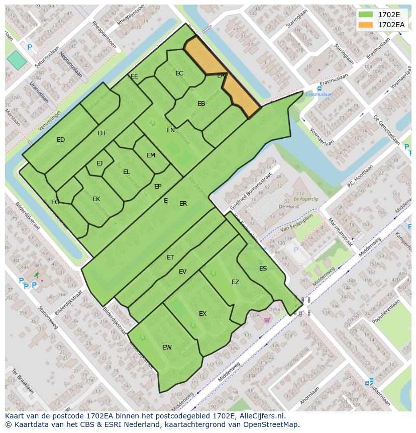 Afbeelding van het postcodegebied 1702 EA op de kaart.