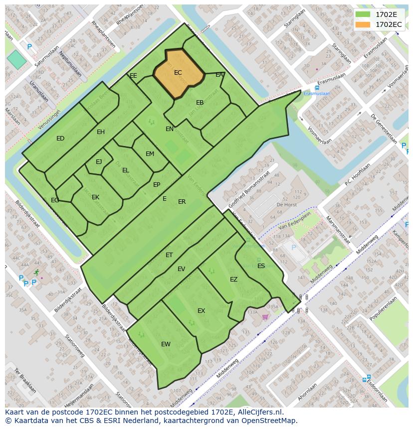 Afbeelding van het postcodegebied 1702 EC op de kaart.
