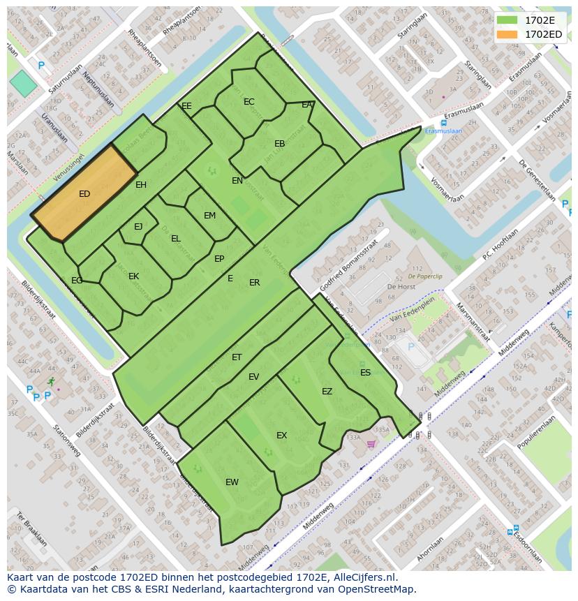 Afbeelding van het postcodegebied 1702 ED op de kaart.