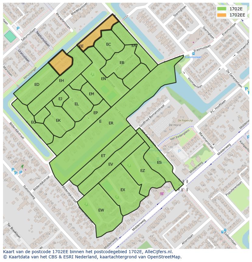 Afbeelding van het postcodegebied 1702 EE op de kaart.