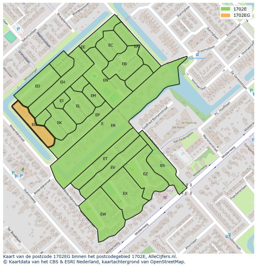 Afbeelding van het postcodegebied 1702 EG op de kaart.