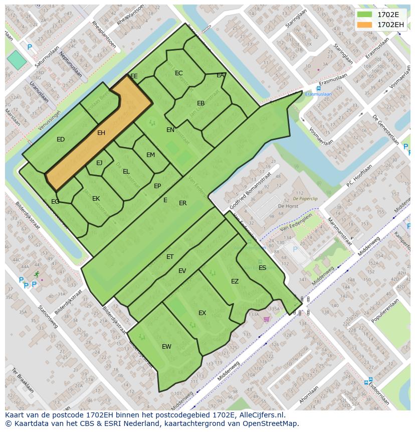 Afbeelding van het postcodegebied 1702 EH op de kaart.
