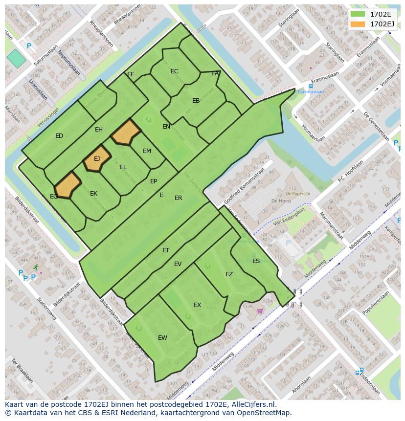 Afbeelding van het postcodegebied 1702 EJ op de kaart.