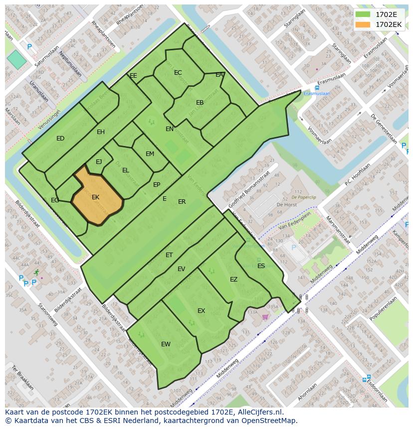 Afbeelding van het postcodegebied 1702 EK op de kaart.