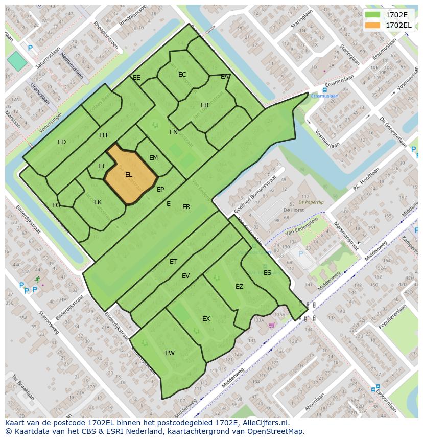 Afbeelding van het postcodegebied 1702 EL op de kaart.