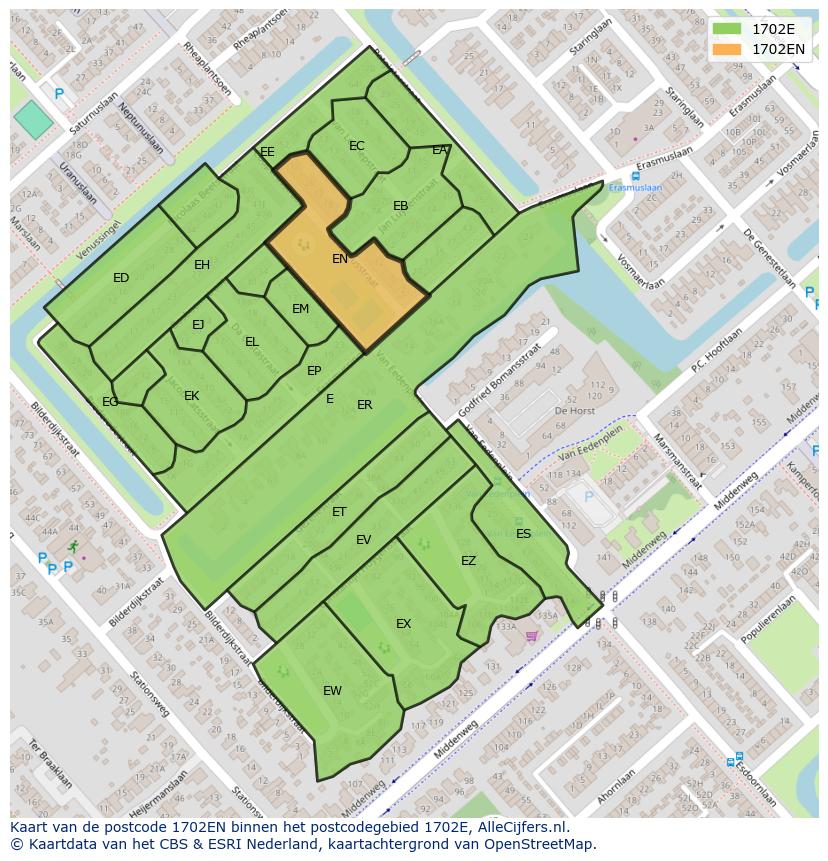 Afbeelding van het postcodegebied 1702 EN op de kaart.
