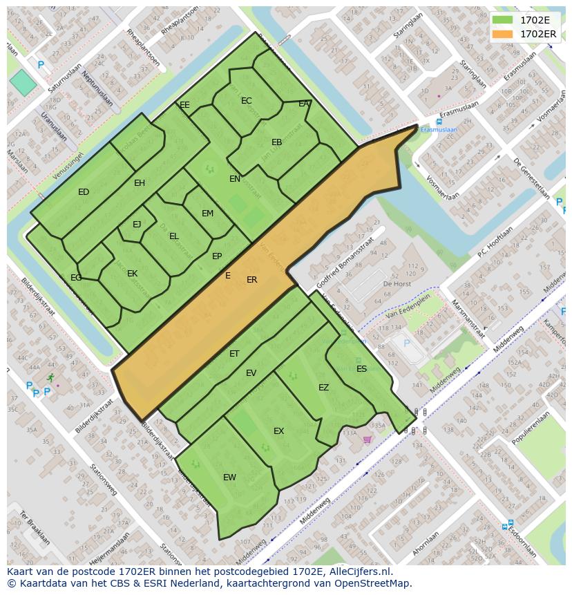 Afbeelding van het postcodegebied 1702 ER op de kaart.