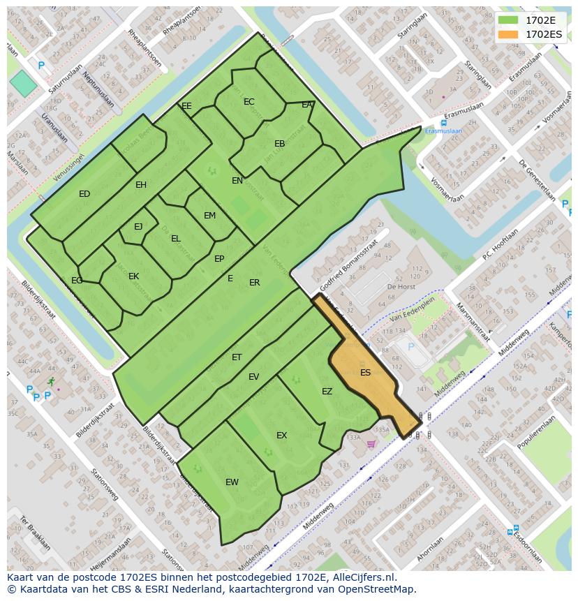 Afbeelding van het postcodegebied 1702 ES op de kaart.