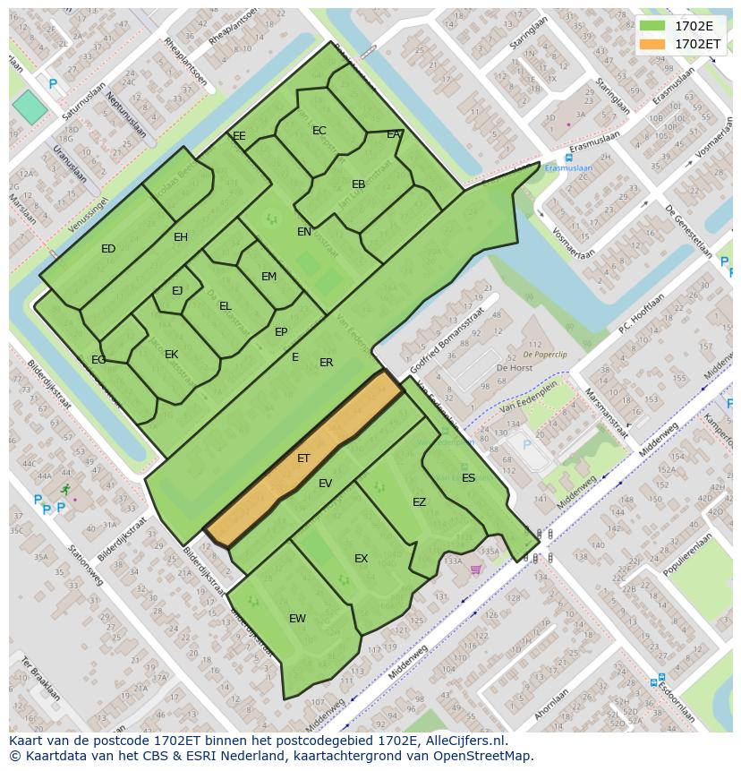 Afbeelding van het postcodegebied 1702 ET op de kaart.