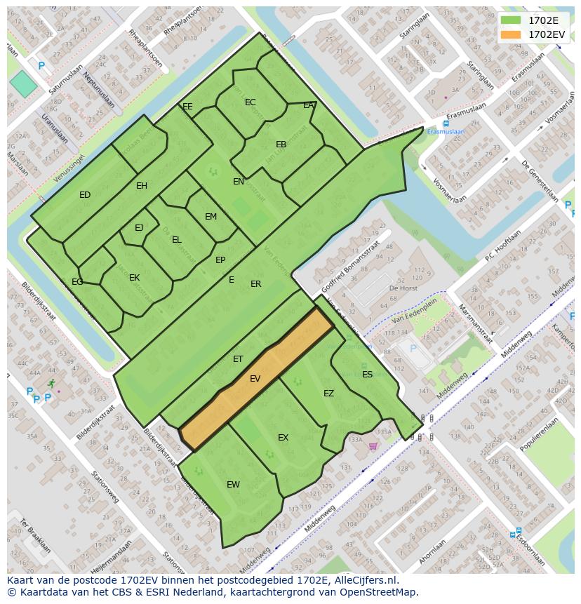Afbeelding van het postcodegebied 1702 EV op de kaart.