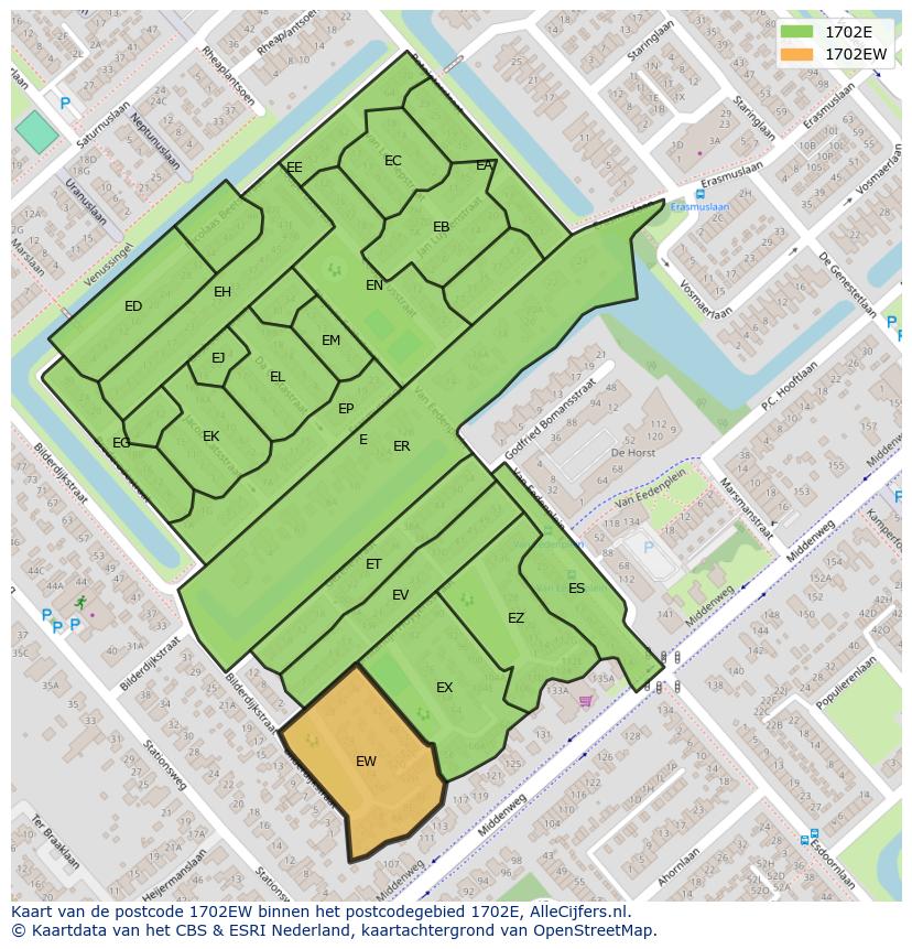 Afbeelding van het postcodegebied 1702 EW op de kaart.