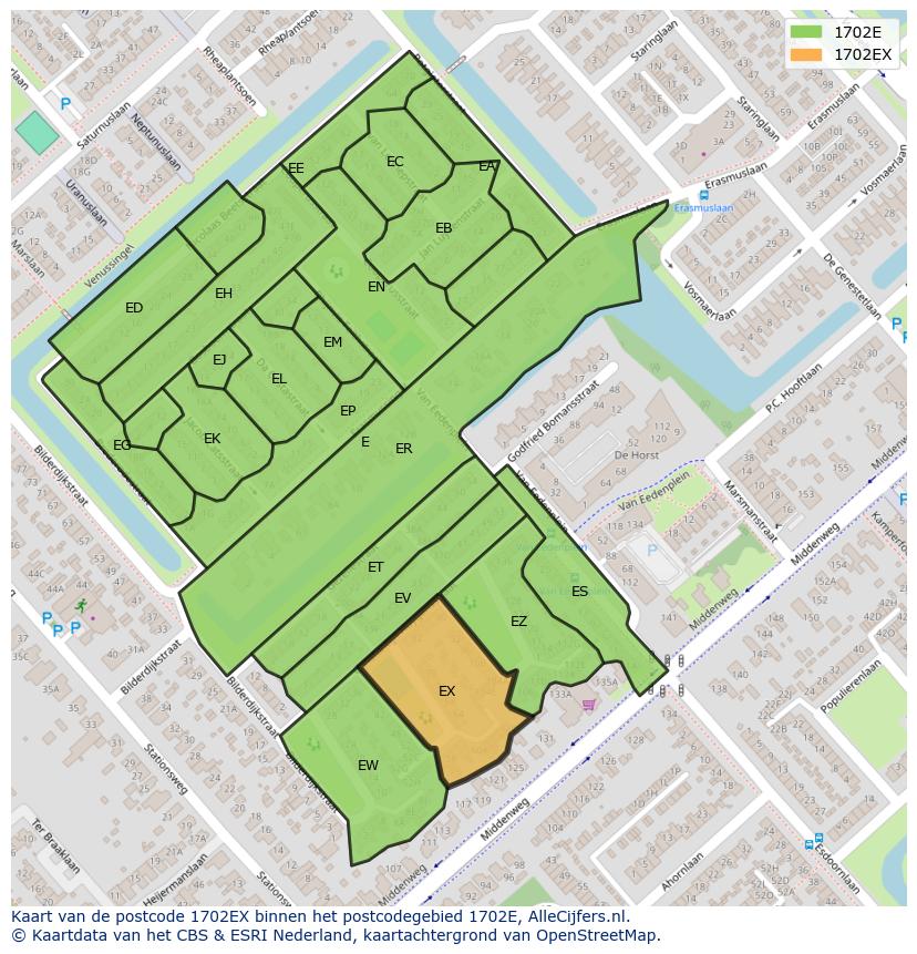 Afbeelding van het postcodegebied 1702 EX op de kaart.