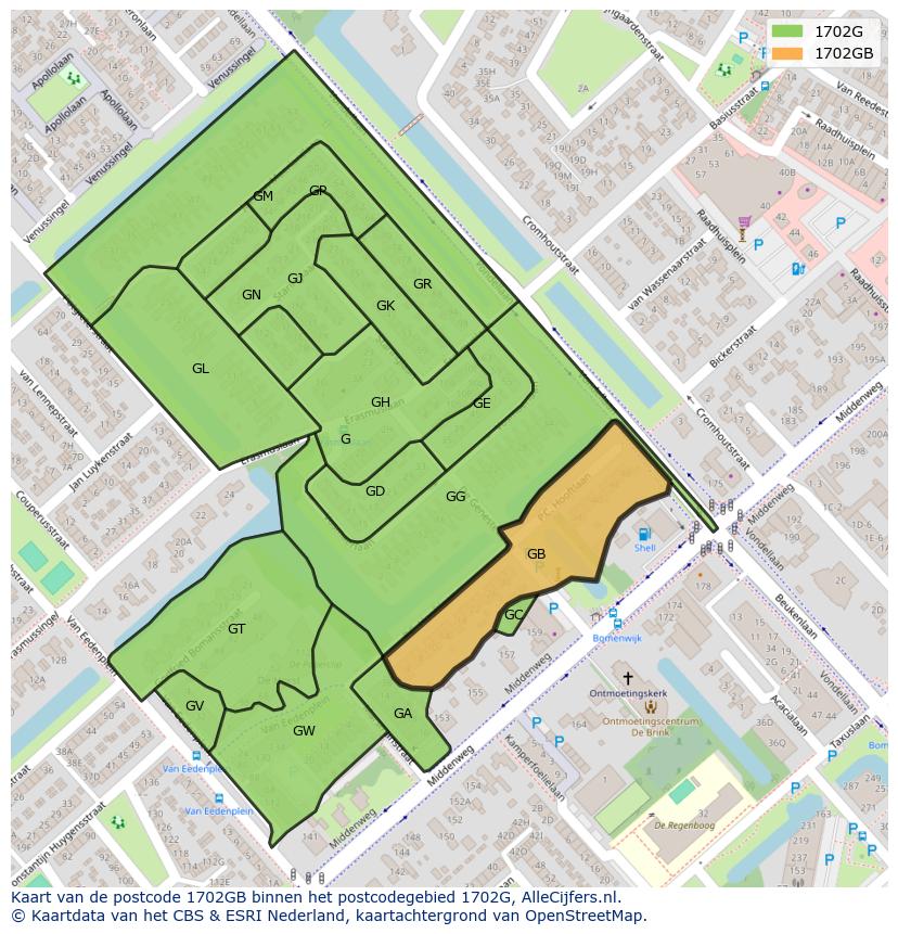 Afbeelding van het postcodegebied 1702 GB op de kaart.