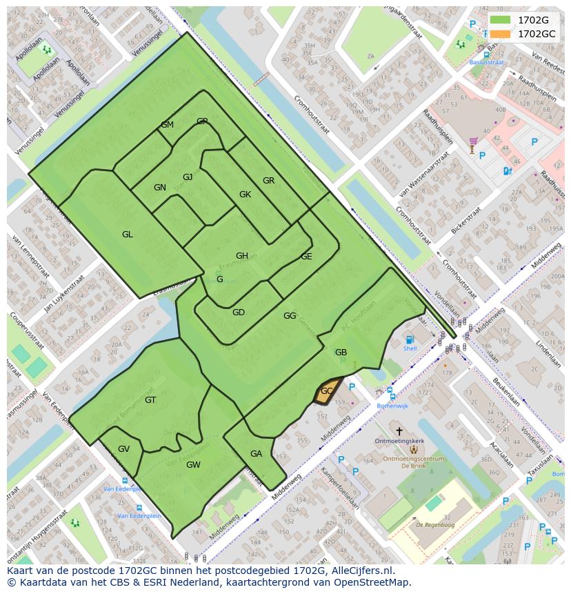Afbeelding van het postcodegebied 1702 GC op de kaart.