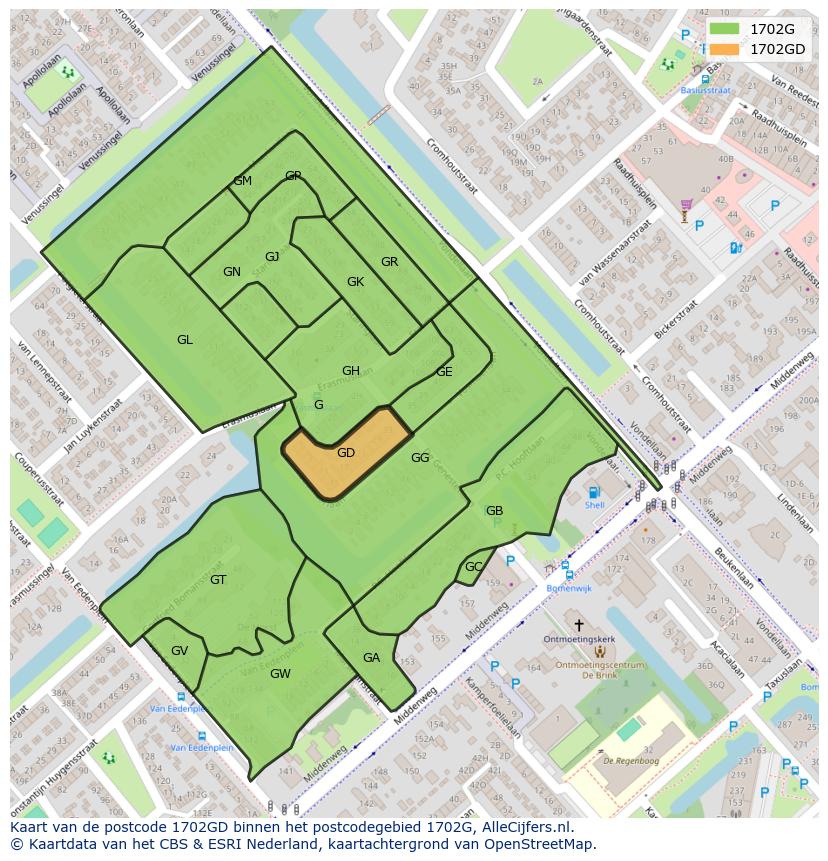 Afbeelding van het postcodegebied 1702 GD op de kaart.