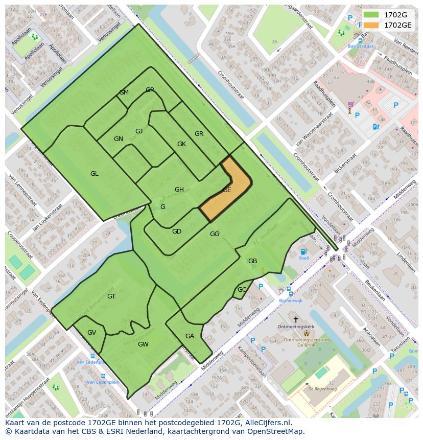 Afbeelding van het postcodegebied 1702 GE op de kaart.